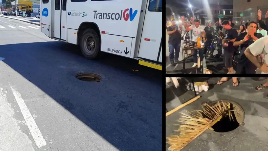 Vídeo: moradores de Jacaraípe fazem aniversario comemorando o “buraco do Casagrande” Imagem em mosaico da rua com o buraco