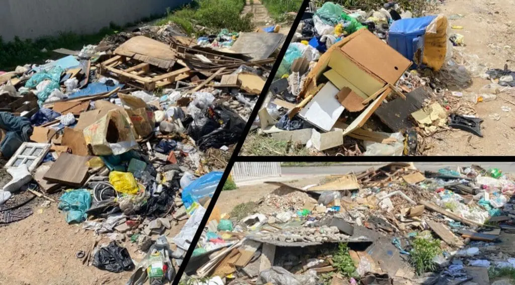 Imagens do entulho e lixo acumulado na rua Araponga em Novo Horizonte