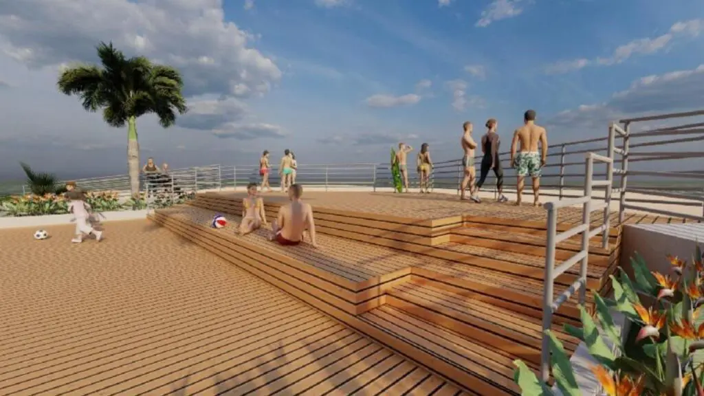 Arte conceitual de como a orla ficará segundo a Prefeitura da Serra, pier de madeira com várias pessoas no local.