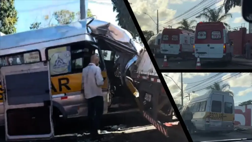 Acidente entre van escolar e carreta deixa monitora gravemente ferida em Feu Rosa Vídeo: Van escolar bate em carreta e fere gravemente monitora e criança na Serra