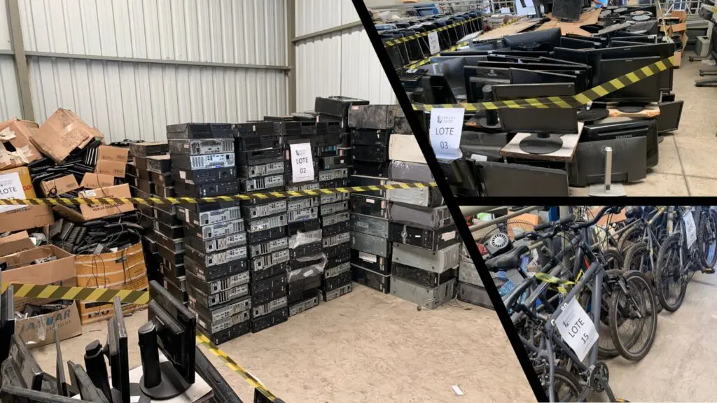 Imagens reais dos produtos leiloados, aparece computadores de mesa, monitores e bicicletas