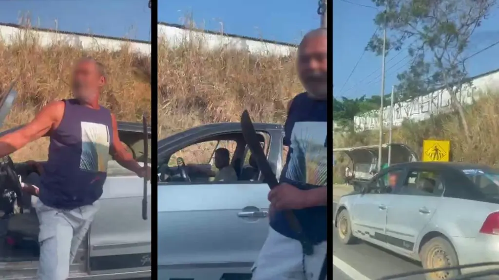 Vídeo: confusão entre motoristas termina com golpe de facão em carro na Serra Motoristas se desentendem e confusão termina em facãozada na Serra.