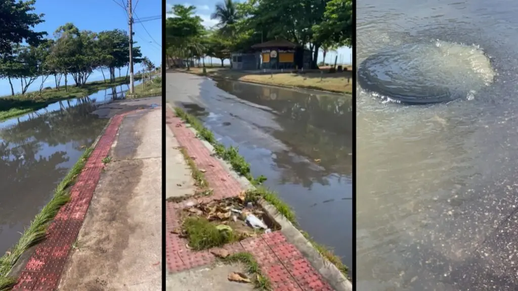 Moradores reclamam de rua alagada por vazamento de esgoto da CESAN na orla de Jacaraípe Imagens do esgoto na orla do bairro Castelândia