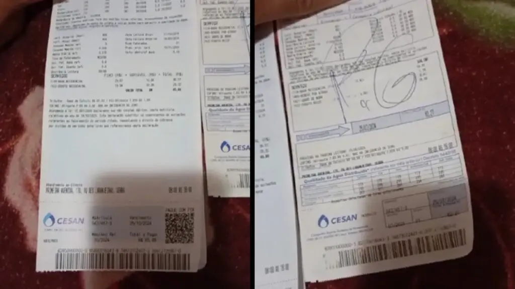 Moradores da Serra confundem novo modelo de fatura da CESAN com golpe; empresa desmente boatos Imagens do morador comparando as faturas da CESAN