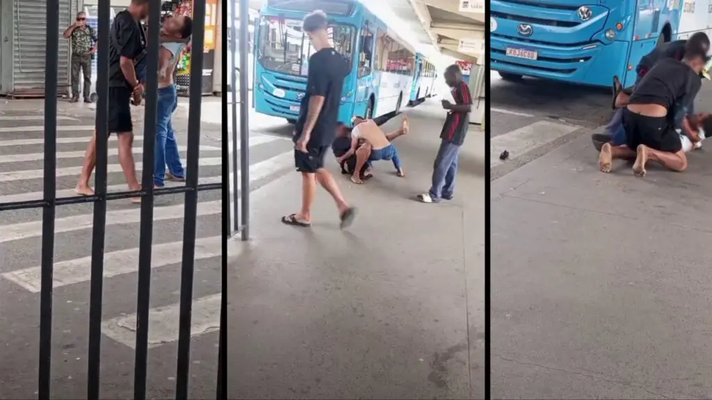 Vídeo: Confusão em terminal termina em porrada após suspeito tentar enganar vendedor de bolos na Serra