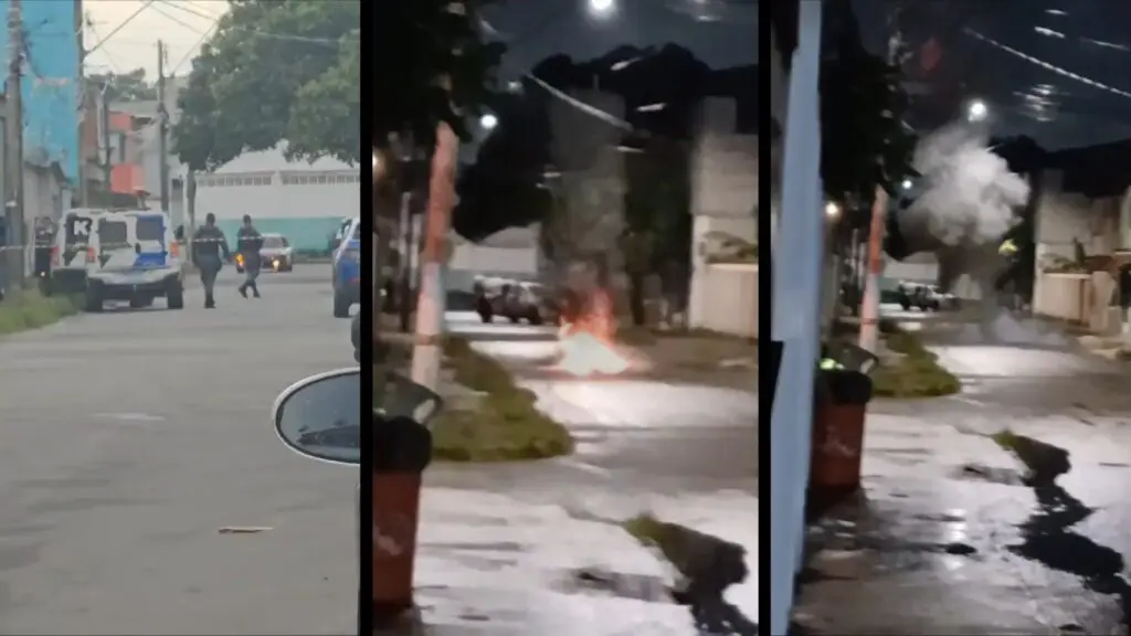 Imagens que mostram o momento da detonação dos explosivos, em uma rua do bairro Novo Horizonte, na Serra.
