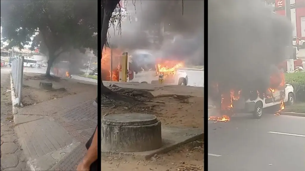 Vídeo: carro pega fogo enquanto era guinchado após acidente na Serra Carro tomado pelas chamas no cruzamento da Eldes Scherrer Souza e Norte Sul, próximo ao Terminal de Laranjeiras, na Serra.