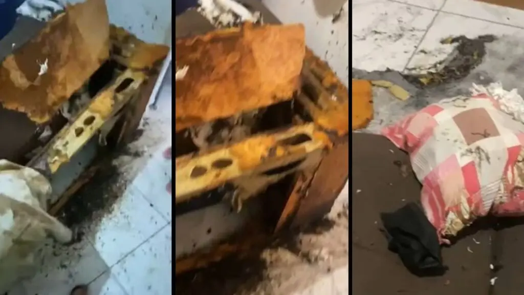 Auxiliar de cozinha é internada em estado grave após ter 90% do corpo queimado na Serra Imagens dos itens queimados dentro do apartamento