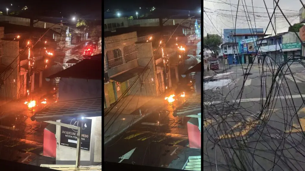 Vídeo: incêndio em fiação elétrica interdita rua no bairro Planalto Serrano Fiação de poste pega fogo e assusta moradores de Planalto Serrano