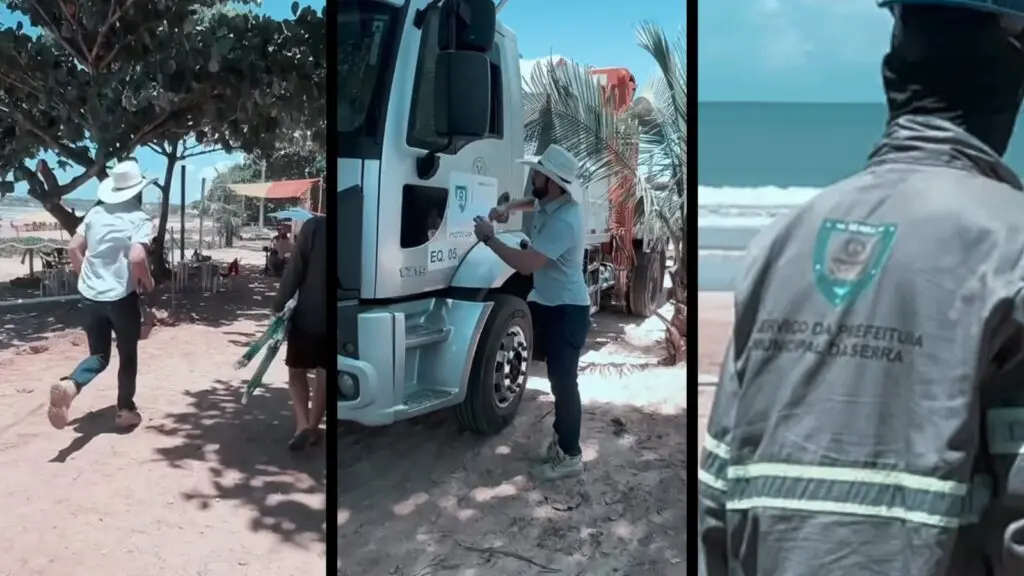 Deputado Pablo Muribeca, durante fiscalização em obra em Fundão, encontra funcionários com uniformes e caminhões com logomarcas da Serra