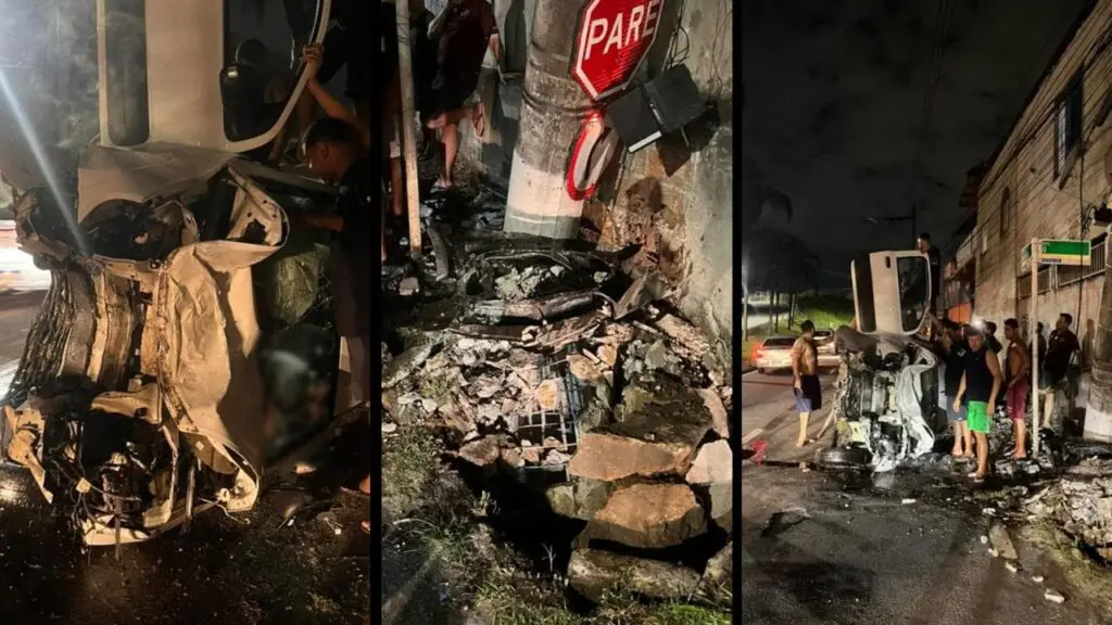 Motorista perde o controle e carro fica destruído após arrancar poste do lugar na Serra Motorista perde o controle de carro, bate em poste e capota na Serra