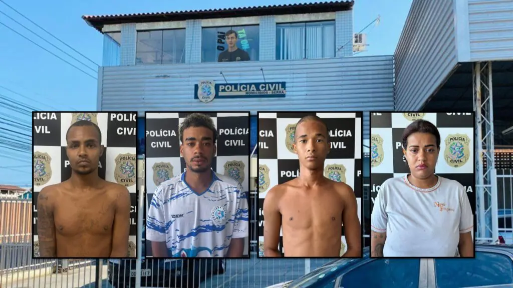 DHPP Serra apresenta os quatro envolvidos no tribunal do tráfico que matou jovem de 19 anos DHPP Serra prende envolvidos na morte de jovem por traficantes.