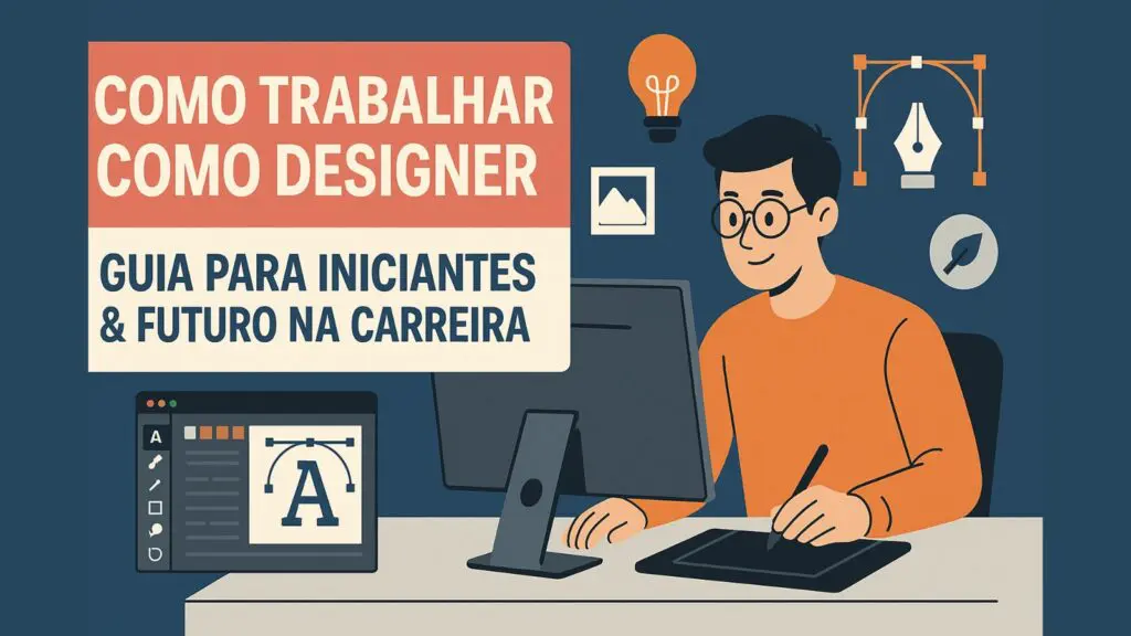 Como trabalhar como Designer: guia para iniciantes e futuro na carreira Jovem designer trabalhando no computador com tablet gráfico em ambiente criativo.