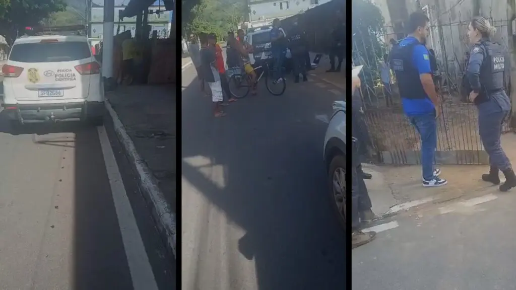 Curiosos acompanham os trabalhos das polícias na Av. Salvador, no bairro Mestre Álvaro, na Serra.