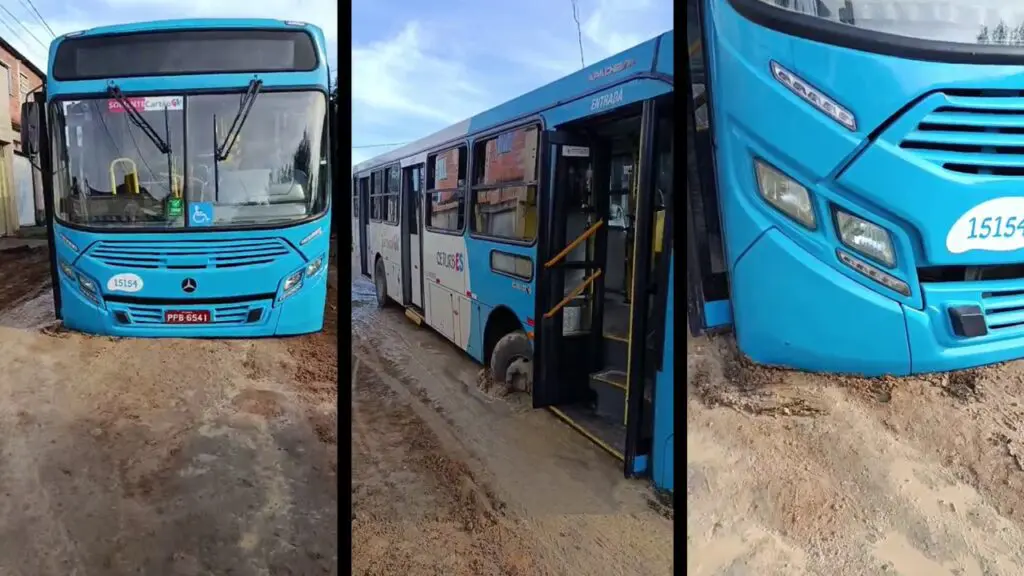 Ônibus atola em lama na principal via do bairro Porto Dourado