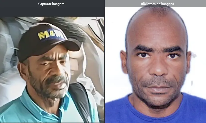 Imagem de um sujeito foragido capturada pela tecnologia de Reconhecimento Facial. de um lado a imagem de uma camera com IA, e do outro a foto do sujeito procurado.