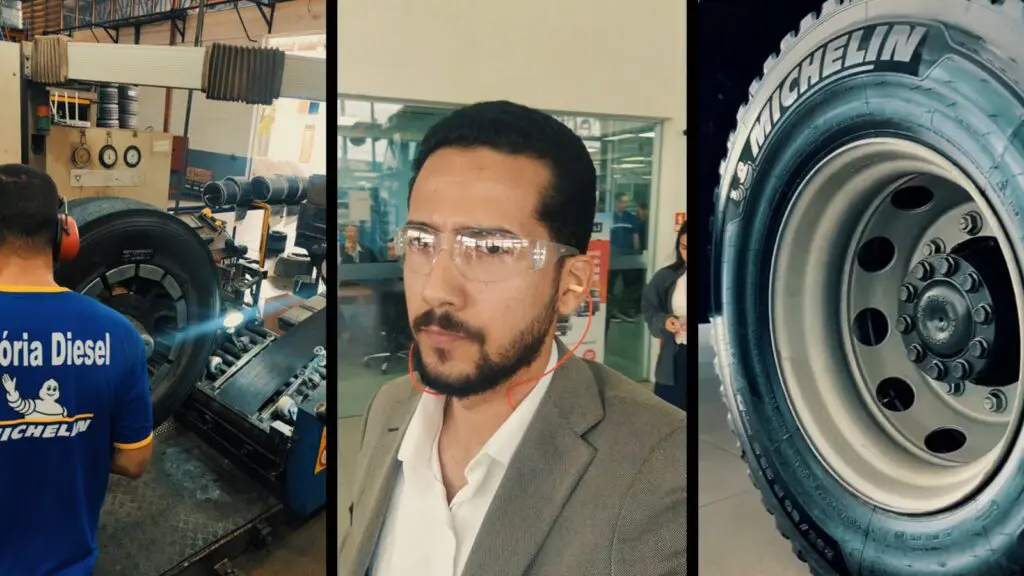 Imagem interna da unidade de recapagem da Vitória Diesel Pneus, com foco nos processos industriais e esteiras de inspeção de pneus. Se possível, incluir profissionais em ação