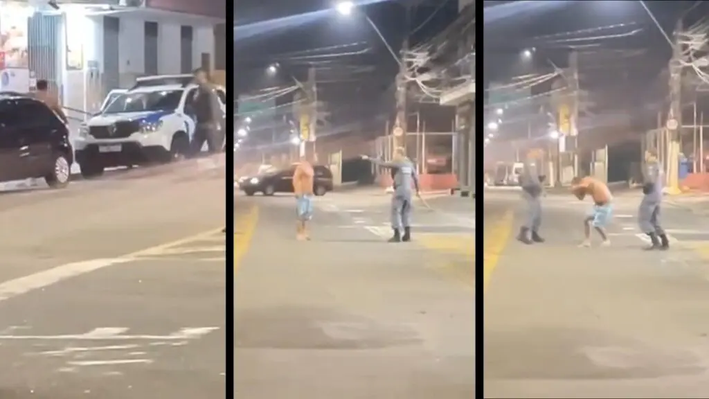 Policial militar aplica golpe de cacetete na cabeça de homem na Avenida Jones dos Santos Neves, Serra