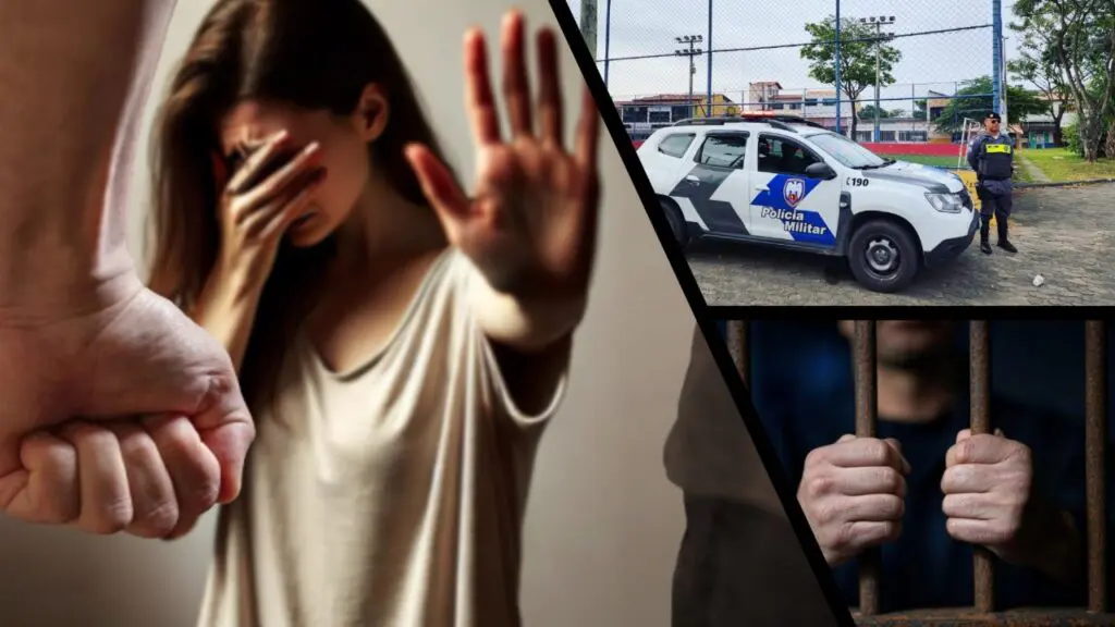 Arte com 3 imagens, na primeira uma mulher com uma das mãos estendida como se estivesse pedindo para que parassem e a outra mão no rosto, enquanto um homem com a mão fechada simulando uma agressão, se aproxima dela, na segunda imagem uma viatura da Polícia Militar estacionada ao lado de uma quadra de futsal e um policial militar parado ao lado da viatura, e na terceira imagem um sujeito com as mãos em grades de uma cela.