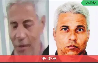 Imagem da tela do programa de reconhecimento facial da polícia. Duas fotos do mesmo homem, Geraldo Barbosa de Oliveira, de 53 anos, preso por homicídio.