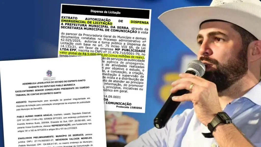Deputado denuncia contratação sem licitação de R$ 5 milhões em publicidade na Serra Pablo Muribeca pede suspensão de contrato de publicidade no valor de R$ 5 milhões da Prefeitura da Serra