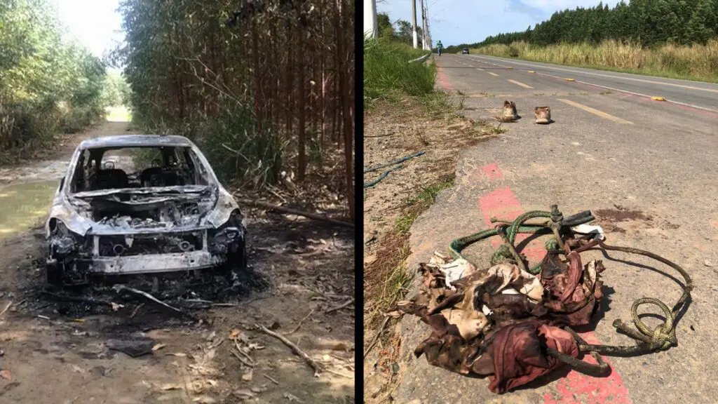 Carro encontrado carbonizado e corda usada para amarrar a vítima encontrada às margens da rodovia Audifax Barcelos, na Serra