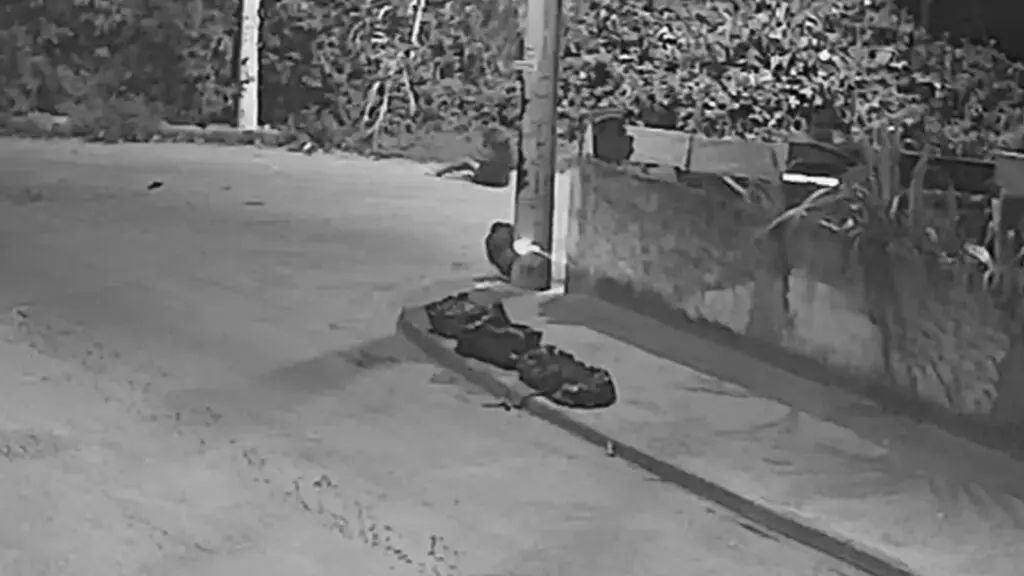 Imagem mostra atirador escondido atrás de poste durante tiroteio, enquanto homem ferido se arrasta ao fundo da cena