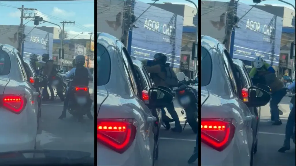 Vídeo registra treta entre motociclistas no trânsito. Confusão ocorreu em cruzamento da Norte-Sul com Av. Central de Laranjeiras, na Serra