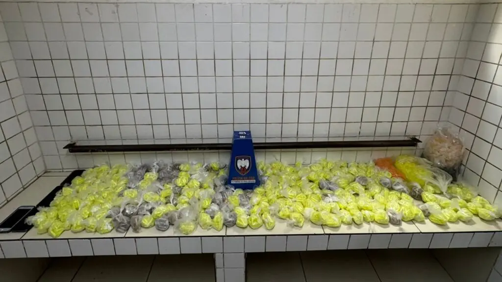 Em uma sala de delegacia, sobre uma bancada, 6.721 pinos de cocaína, quatro aparelhos celulares e dois sacos com pinos vazios de cocaína.