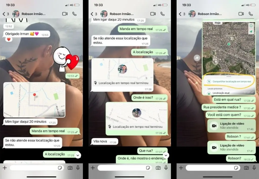 Print da conversa entre os irmãos minutos antes de Robson ser assassinado. 