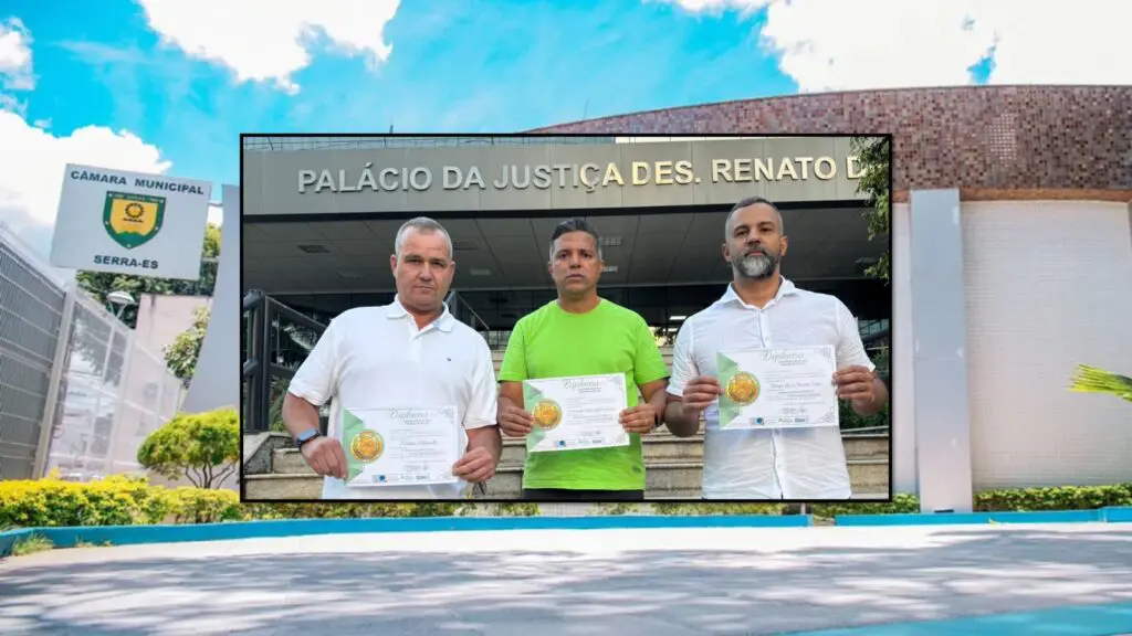 Vereadores suplentes: Wilian da Elétrica (PDT), Marcelo Leal (MDB), e Dr. Thiago Peixoto (Psol), em frente ao Tribunal de Justiça do ES.