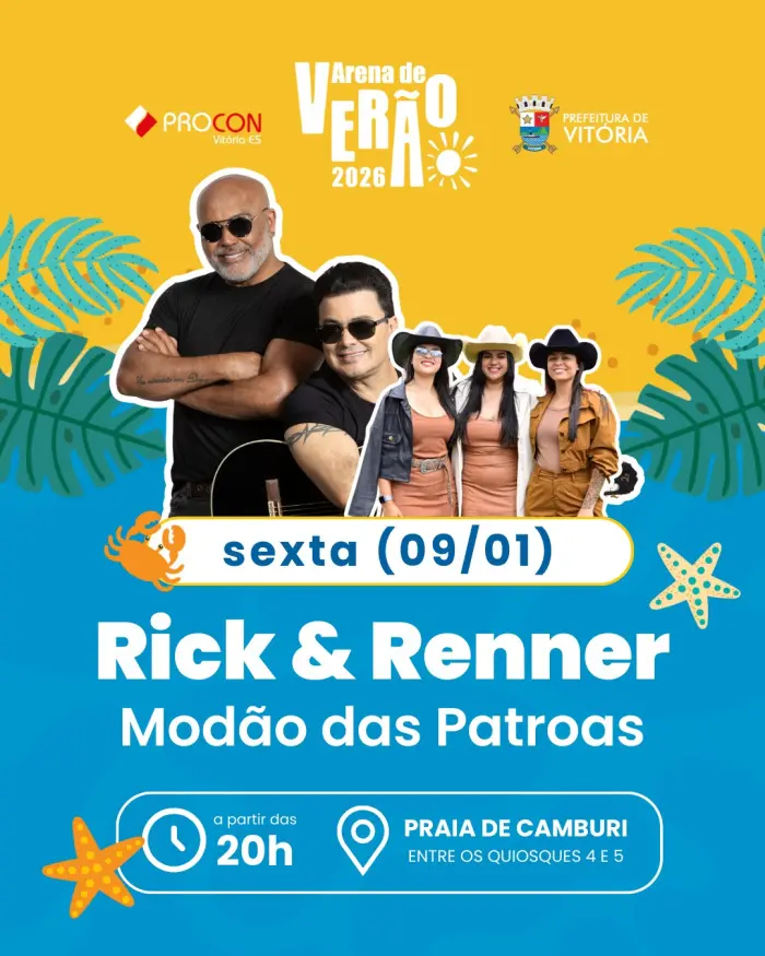 Arte com artistas que se apresentaram na Arena Verão 2026 em Vitória.