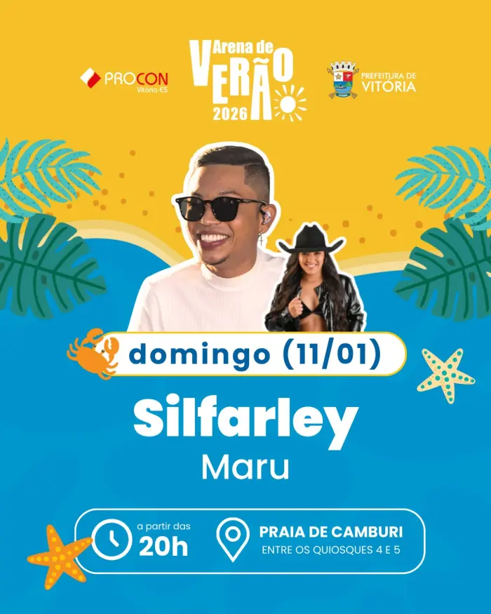 Arte com artistas que se apresentaram na Arena Verão 2026 em Vitória.