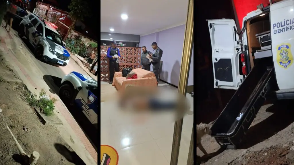 Homem invade casa da ex-mulher e mata o atual após troca de tiros na Serra Grande Jacaraípe: policiais preservam cena em Costa Dourada onde vítima foi morta a tiros; arma 9mm foi apreendida