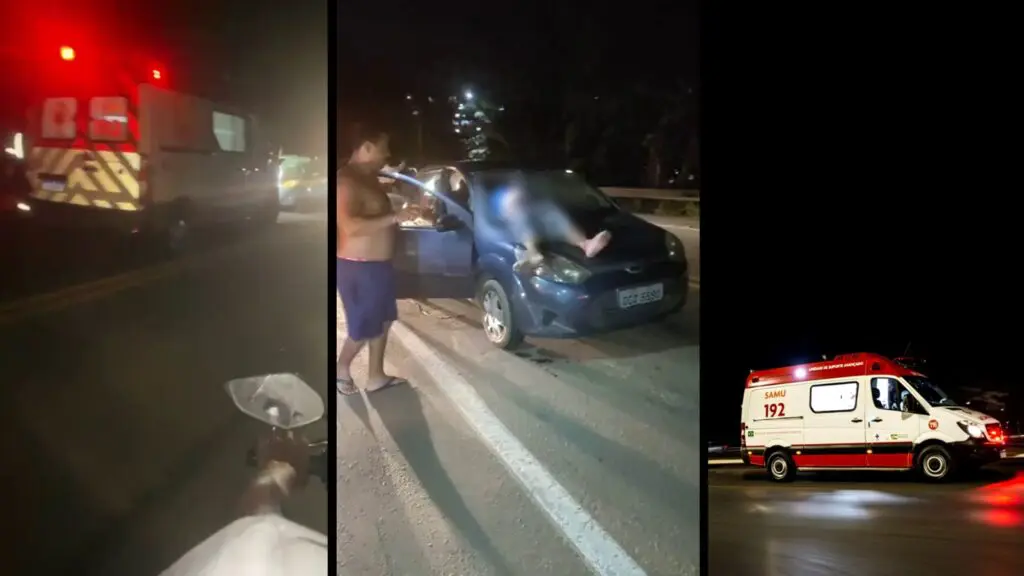 Grave acidente na BR-101 faz homem atravessar o para-brisa de um carro na Serra