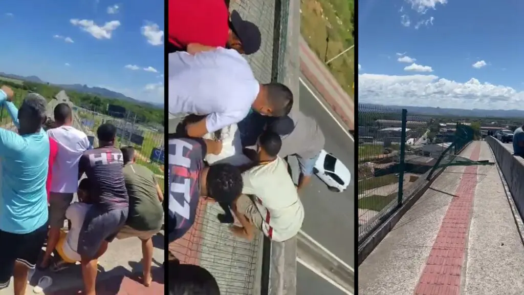 Cidadãos se arriscam e evitam queda durante resgate no viaduto de Carapina.