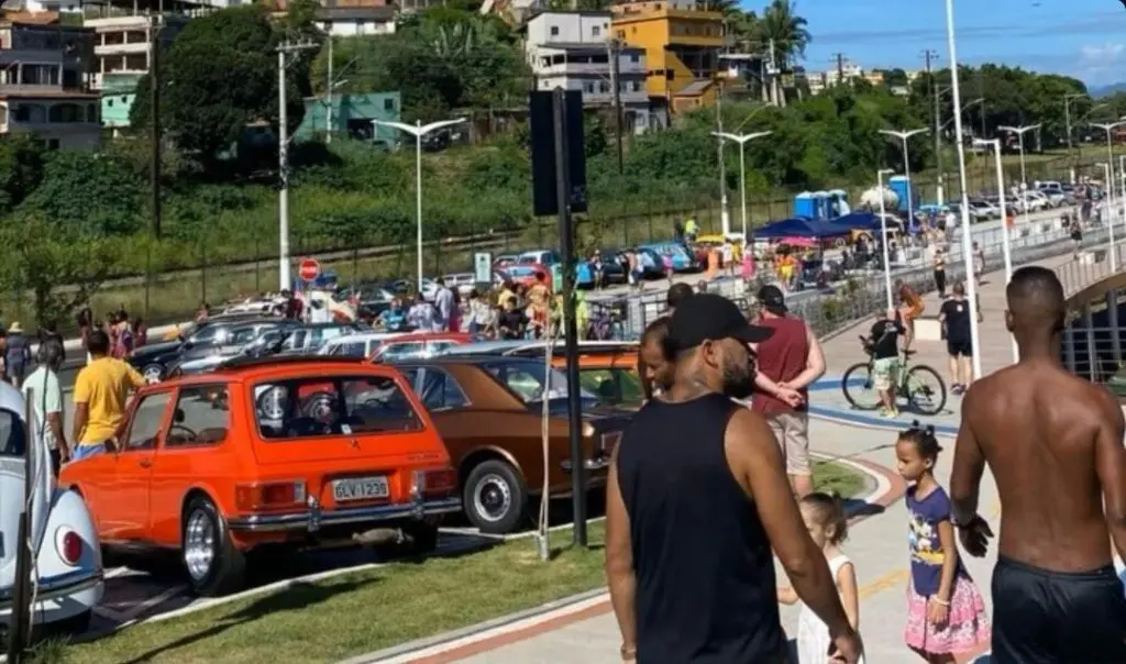Imagem de um local onde há vários carros antigos estacionados durante um encontro de colecionadores.