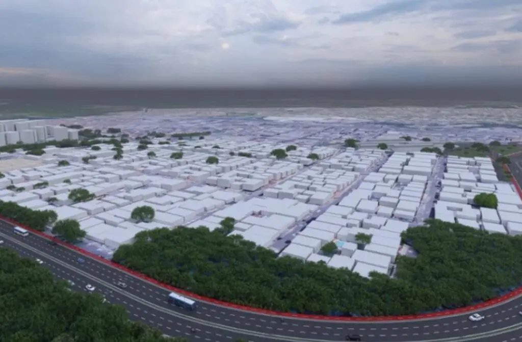 Imagem de um projeto 3D de uma nova avenida cruzando uma cidade.