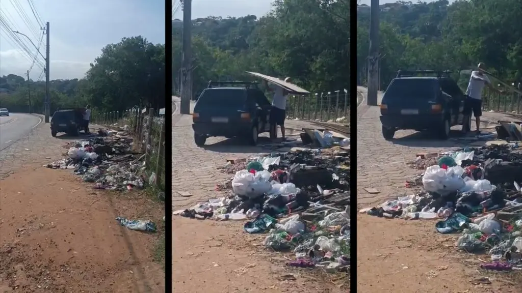 Flagrante de descarte irregular na Serra pode render multa de R$ 50 mil Morador registra homem descartando resíduos na entrada do bairro Nova Carapina I.