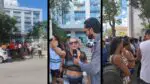 Trabalhadores da limpeza e portaria cobram pagamentos em frente à Prefeitura.