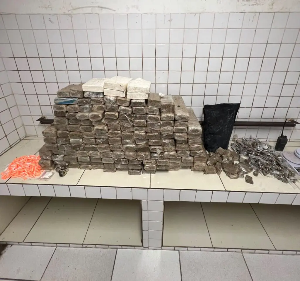 Sobre uma bancada 140 tabletes de maconha, 729 porções de maconha entre buchas e pedaços, 234 pinos de cocaína, 10 papelotes de cocaína, 7 tabletes de pasta base de cocaína, um pacote de skunk com aproximadamente 710 gramas, 3 unidades de haxixe, 3 balanças de precisão, um rádio comunicador e um aparelho celular.