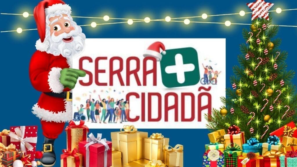 Papai Noel apontando para Banner de propaganda Serra mais cidadã edição Natal