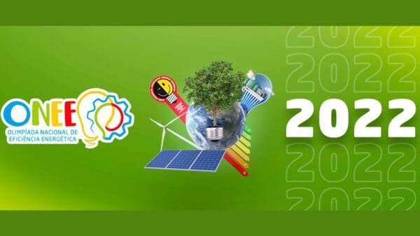 Propaganda das Olimpíada Nacional de Eficiência Energética, Logo Planeta Terra com uma arvore centralizada painéis solares, um moinho aéolico e simboço de economia de energia