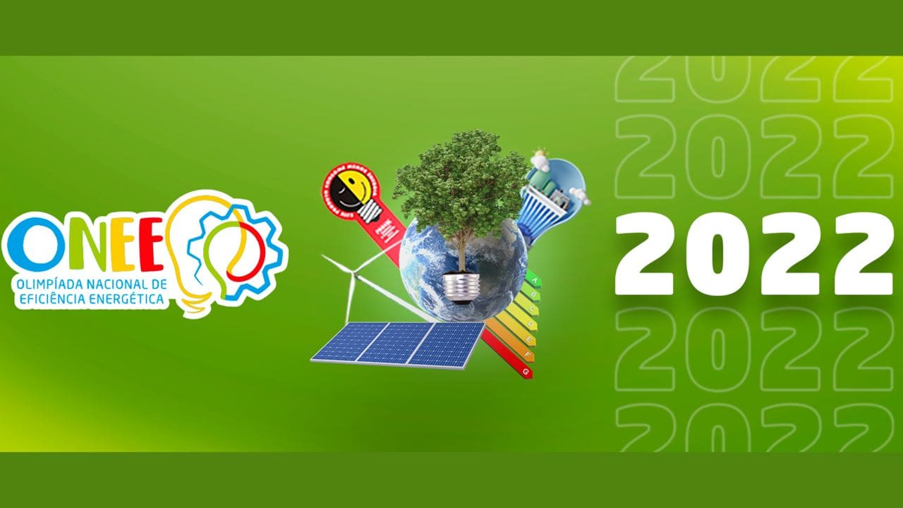 Propaganda das Olimpíada Nacional de Eficiência Energética, Logo Planeta Terra com uma arvore centralizada painéis solares, um moinho aéolico e simboço de economia de energia