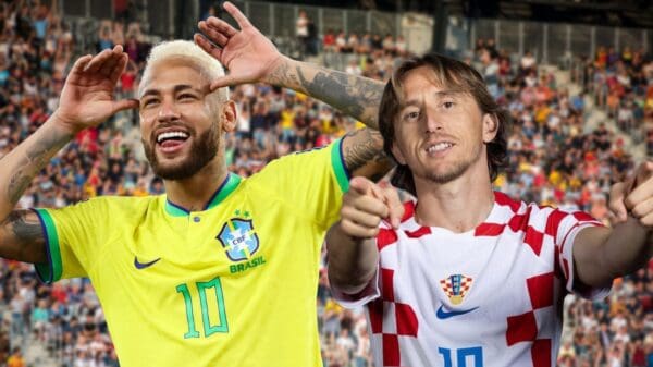 Jogadores Neymar e Modric lado a lado defendendo com o uniforme das suas respectivas seleções