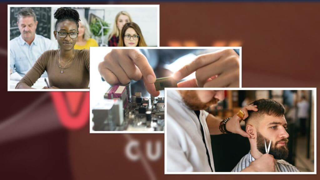 Arte com fundo desfocado e três fotos de cursos: alunos assistindo aula, mão retirando um processador da placa mãe e um barbeiro aparando a barba de um cliente