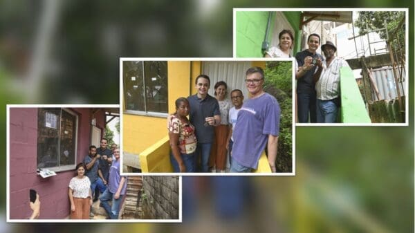 Arte com fundo desfocado e três fotos com moradores recebendo casas das mãos do Prefeito de Vitória reconstruídas no bairro Conquista