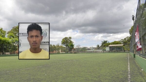 Campo de futebol no bairro Redenção em Vitória e foto do acusado de homicidio