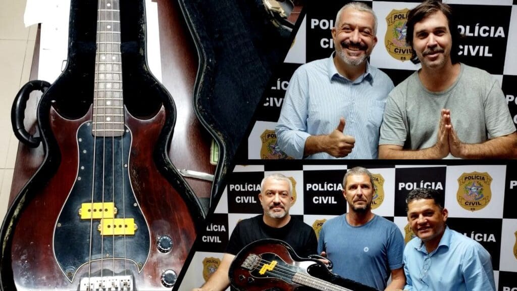 Arte com três fotos com a Equipe da Polícia Civil de Vitória segurando o contrabaixo recuperado, o músico dono do contrabaixo, e uma foto do instrumento musical