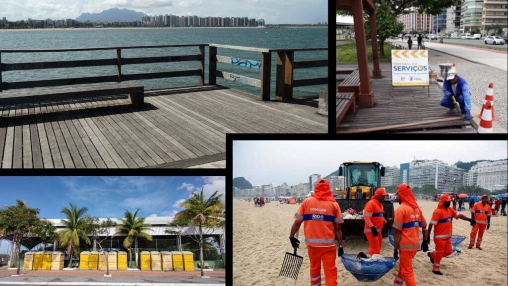 Arte Mosaico com 4 fotos de lugares em Vitória, primeira foto um píer em Lemanjá, segunda foto banheiros químicos em uma praia de Vitória, e terceira foto funcionários limpando uma praia em Vitória